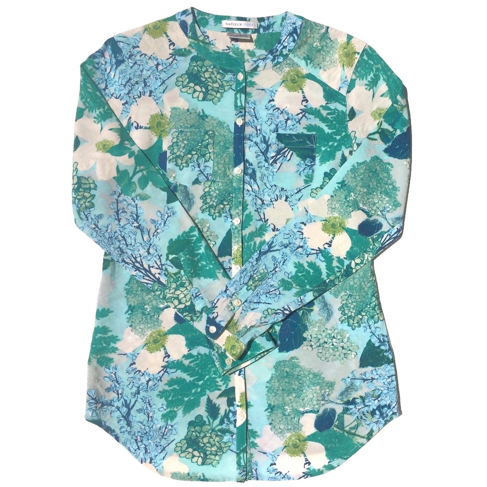 Van Heusen Studio button up shirt blouse XS floral casual Spring blue green